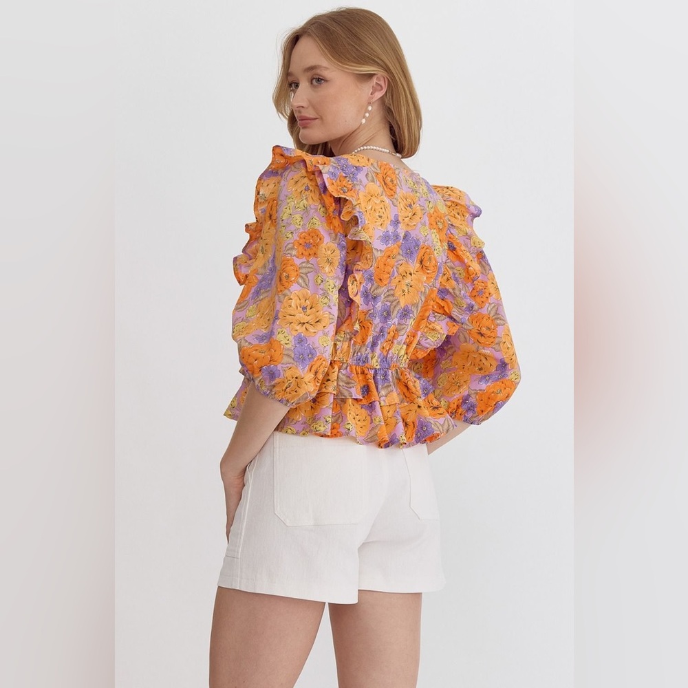 Entro Clementine Ruffled Peplum Blouse Maximalist Purple Orange Floral New Small - Picture 8 of 12